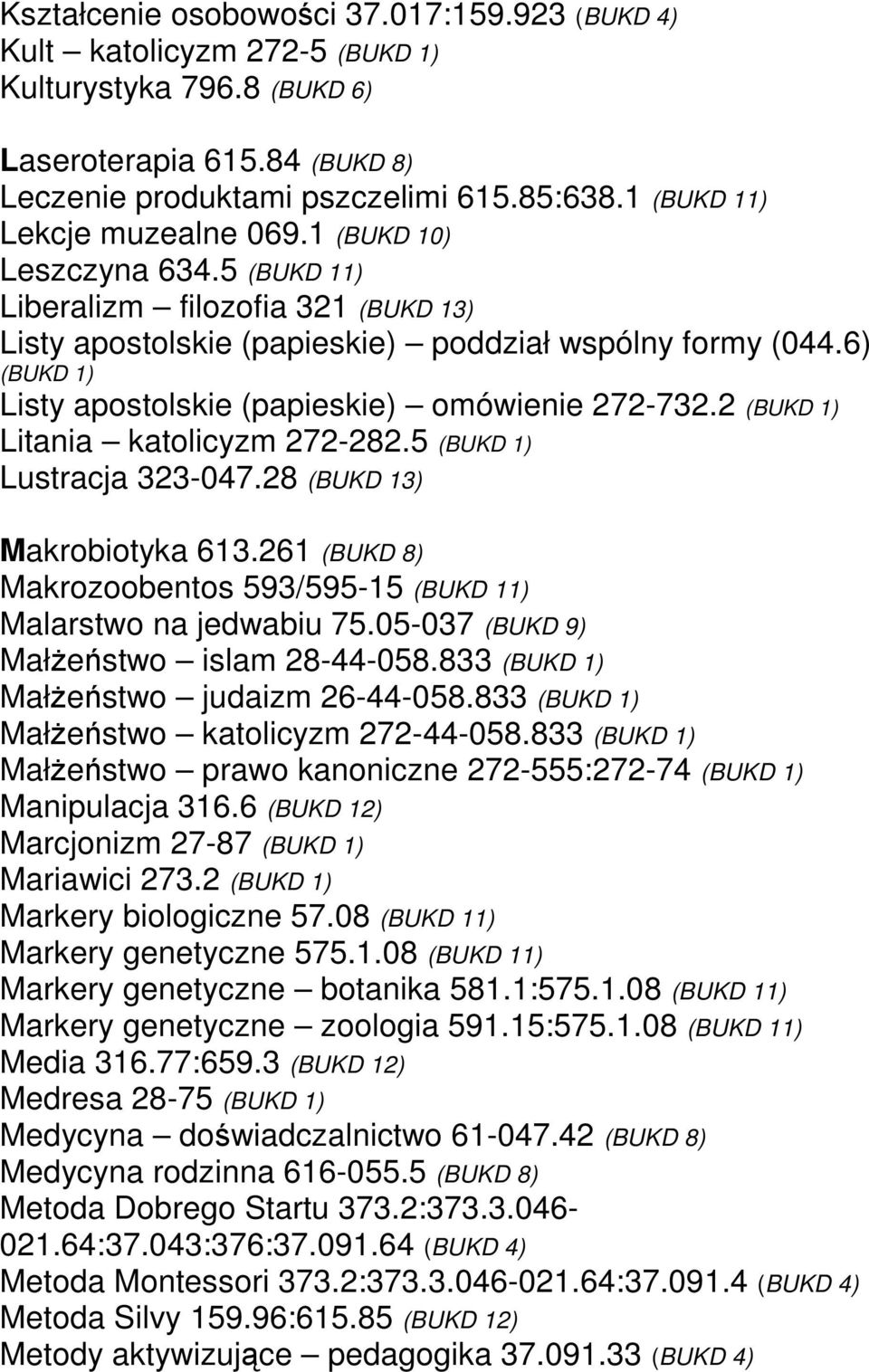 6) (BUKD 1) Listy apostolskie (papieskie) omówienie 272-732.2 (BUKD 1) Litania katolicyzm 272-282.5 (BUKD 1) Lustracja 323-047.28 (BUKD 13) Makrobiotyka 613.