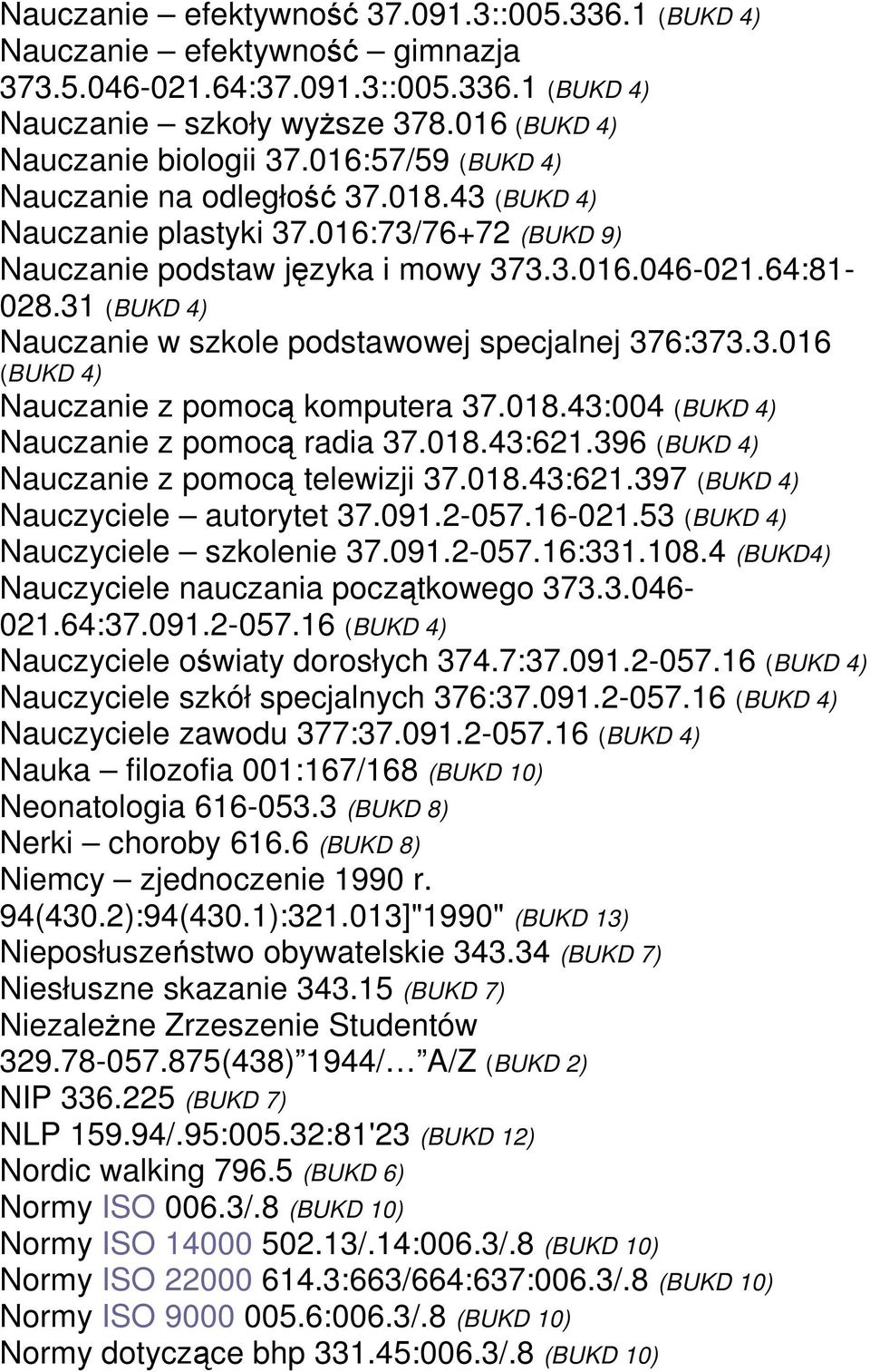 31 (BUKD 4) Nauczanie w szkole podstawowej specjalnej 376:373.3.016 (BUKD 4) Nauczanie z pomocą komputera 37.018.43:004 (BUKD 4) Nauczanie z pomocą radia 37.018.43:621.