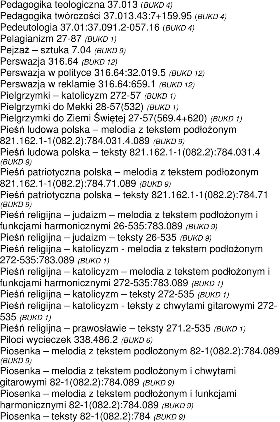 1 (BUKD 12) Pielgrzymki katolicyzm 272-57 (BUKD 1) Pielgrzymki do Mekki 28-57(532) (BUKD 1) Pielgrzymki do Ziemi Świętej 27-57(569.4+620) (BUKD 1) Pieśń ludowa polska melodia z tekstem podłożonym 821.