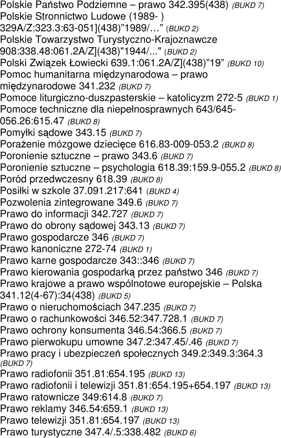 232 (BUKD 7) Pomoce liturgiczno-duszpasterskie katolicyzm 272-5 (BUKD 1) Pomoce techniczne dla niepełnosprawnych 643/645-056.26:615.47 (BUKD 8) Pomyłki sądowe 343.