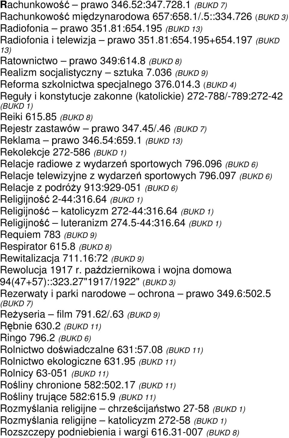 3 (BUKD 4) Reguły i konstytucje zakonne (katolickie) 272-788/-789:272-42 (BUKD 1) Reiki 615.85 (BUKD 8) Rejestr zastawów prawo 347.45/.46 (BUKD 7) Reklama prawo 346.54:659.