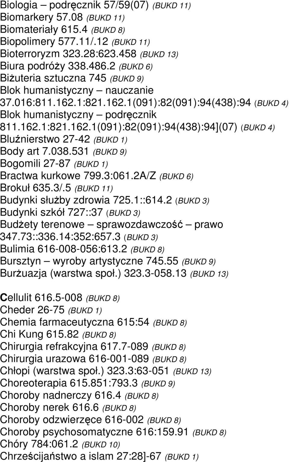 038.531 (BUKD 9) Bogomili 27-87 (BUKD 1) Bractwa kurkowe 799.3:061.2A/Z (BUKD 6) Brokuł 635.3/.5 (BUKD 11) Budynki służby zdrowia 725.1::614.