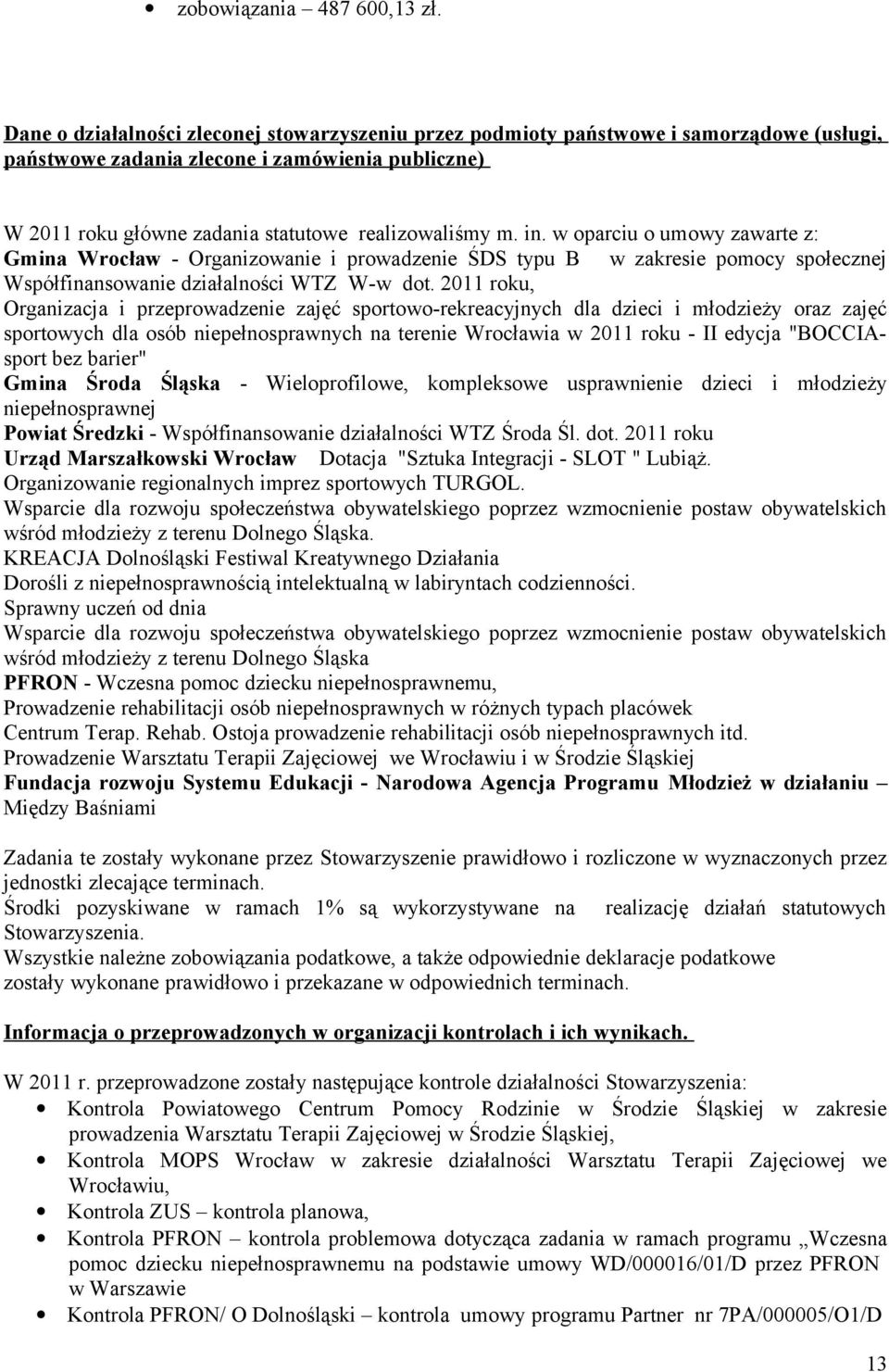 w oparciu o umowy zawarte z: Gmina Wrocław - Organizowanie i prowadzenie ŚDS typu B w zakresie pomocy społecznej Współfinansowanie działalności WTZ W-w dot.