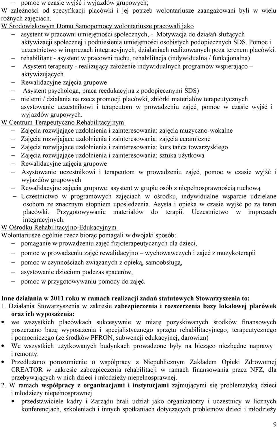 osobistych podopiecznych ŚDS. Pomoc i uczestnictwo w imprezach integracyjnych, działaniach realizowanych poza terenem placówki.