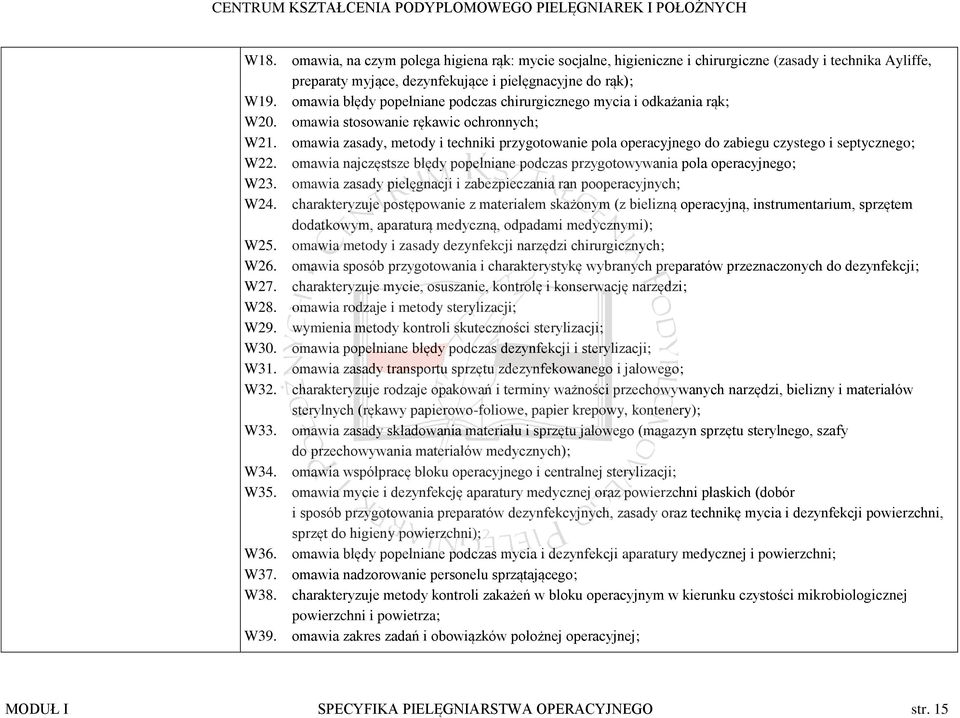 omawia zasady, metody i techniki przygotowanie pola operacyjnego do zabiegu czystego i septycznego; W22. omawia najczęstsze błędy popełniane podczas przygotowywania pola operacyjnego; W23.