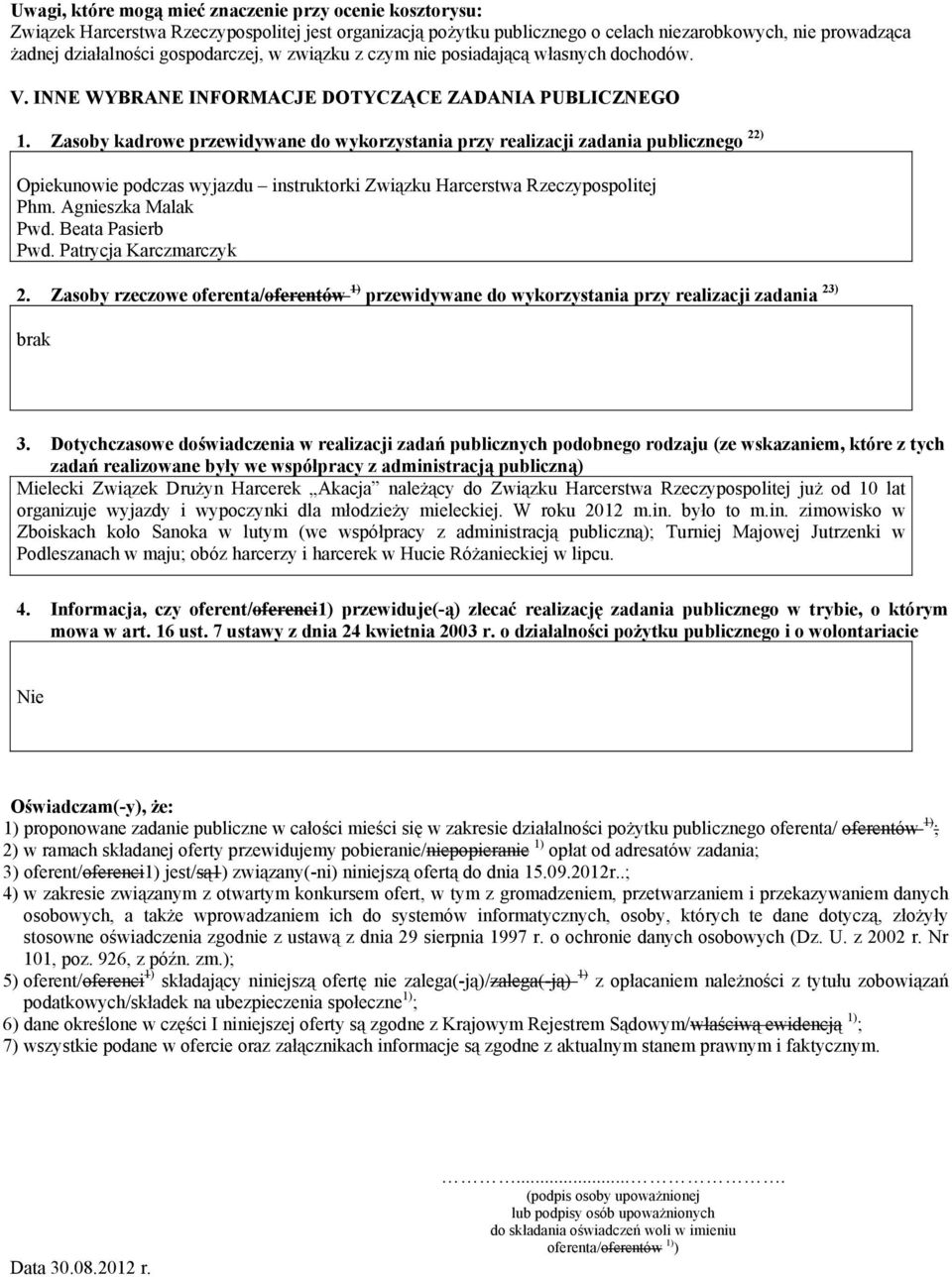 Zasoby kadrowe przewidywane do wykorzystania przy realizacji zadania publicznego 22) Opiekunowie podczas wyjazdu instruktorki Związku Harcerstwa Rzeczypospolitej Phm. Agnieszka Malak Pwd.