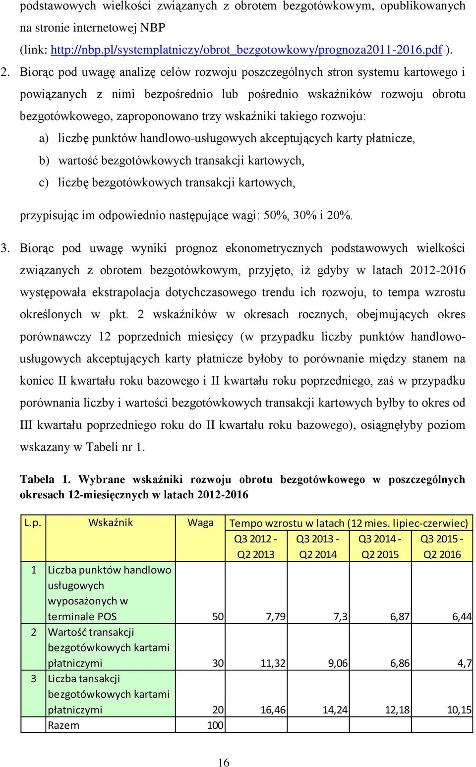 takiego rozwoju: a) liczbę punktów handlowo-usługowych akceptujących karty płatnicze, b) wartość bezgotówkowych transakcji kartowych, c) liczbę bezgotówkowych transakcji kartowych, przypisując im