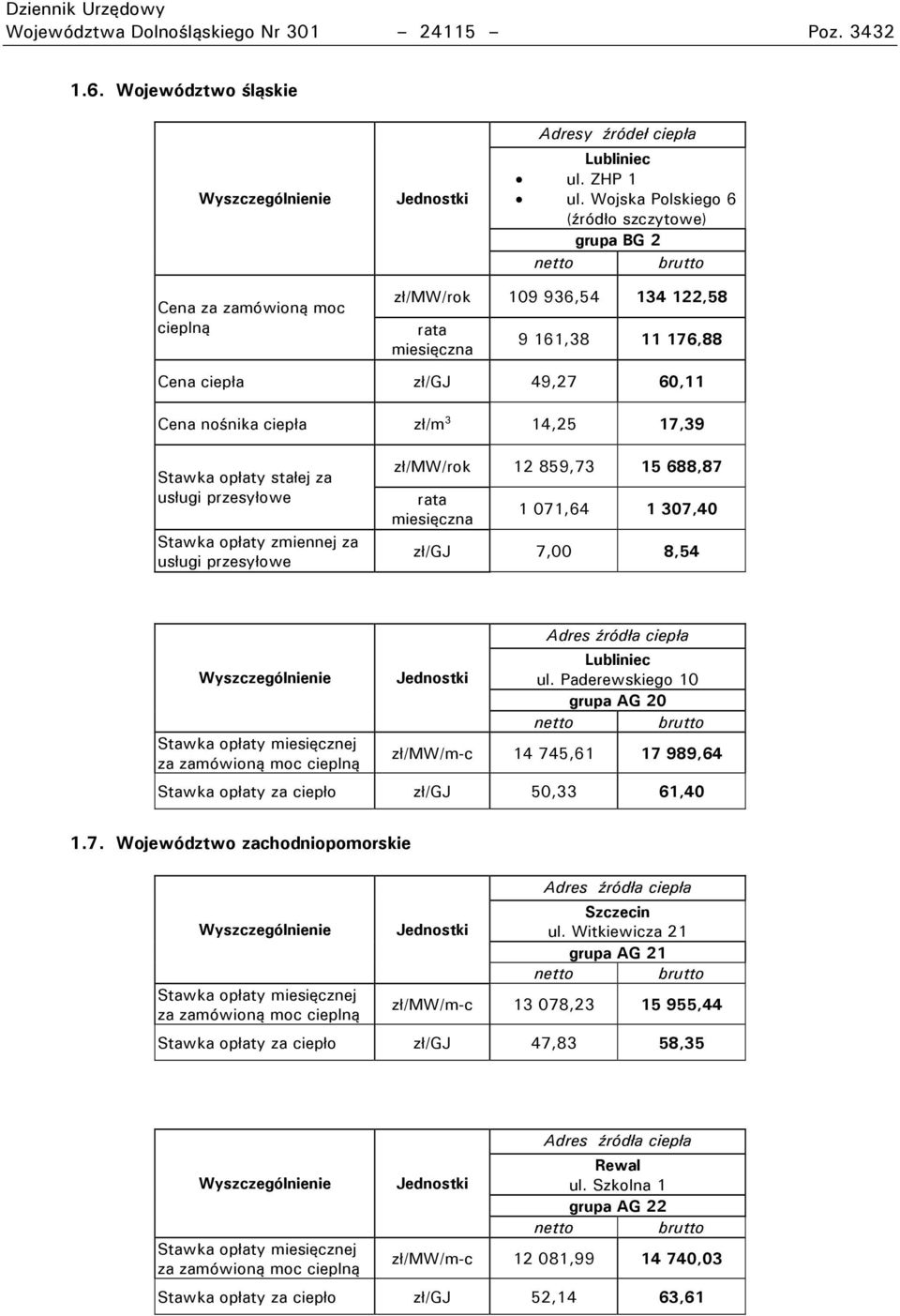 Stawka opłaty zmiennej za zł/m /rok 12 859,73 15 688,87 1 071,64 1 307,40 zł/gj 7,00 8,54 Lubliniec ul.