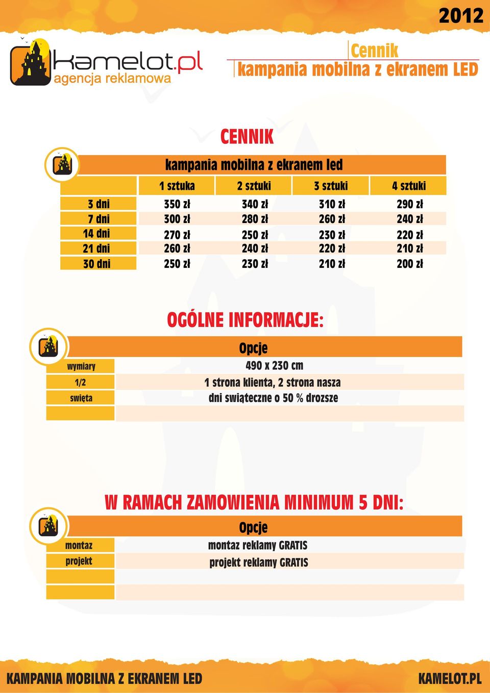 z³ 290 z³ 240 z³ 220 z³ 210 z³ 200 z³ wymiary 1/2 swiêta OGÓLNE INFORMACJE: Opcje 490 x 230 cm 1 strona klienta, 2 strona