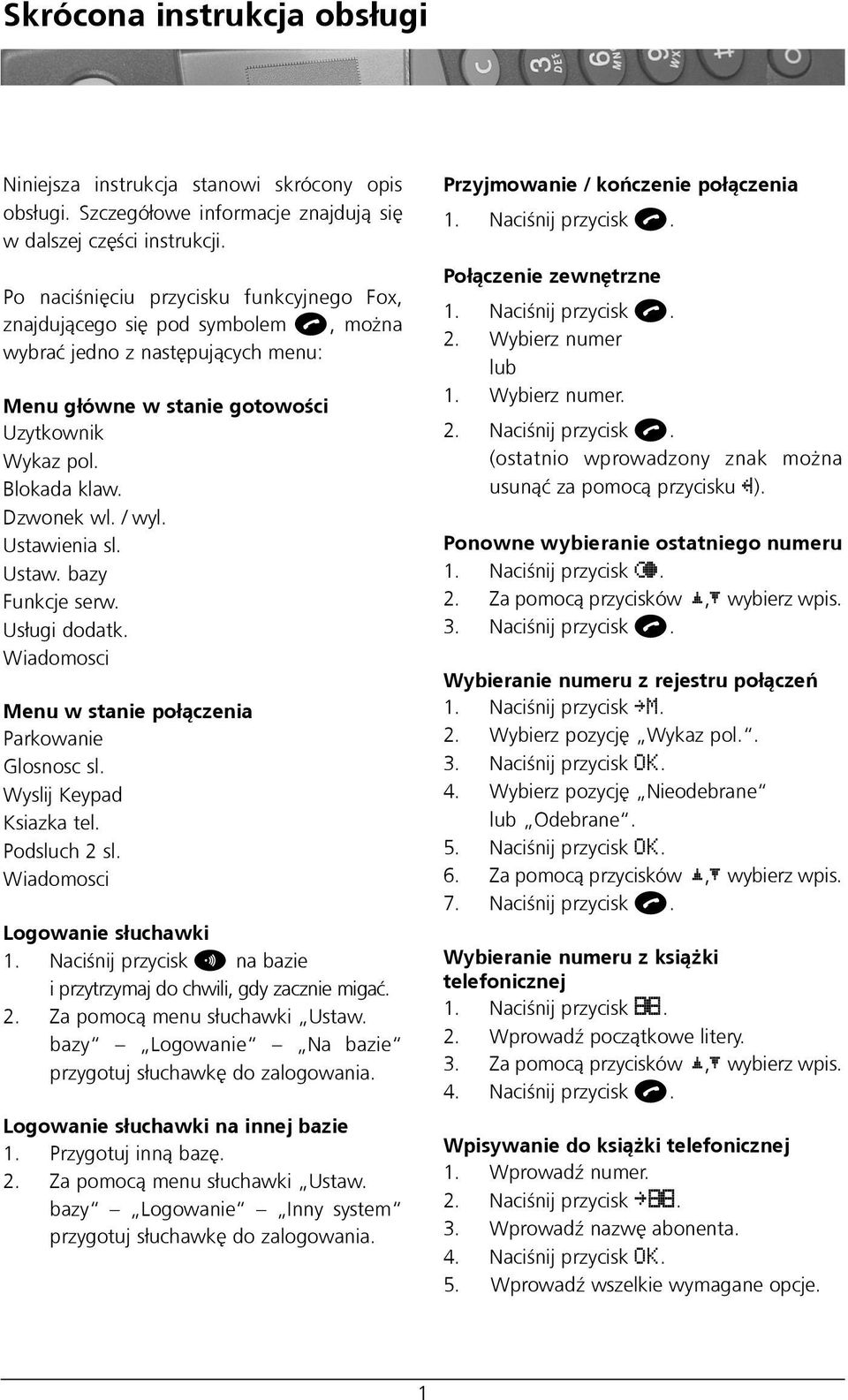 / wyl. Ustawienia sl. Ustaw. bazy Funkcje serw. Us³ugi dodatk. Wiadomosci Menu w stanie po³¹czenia Parkowanie Glosnosc sl. Wyslij Keypad Ksiazka tel. Podsluch 2 sl. Wiadomosci Logowanie s³uchawki 1.