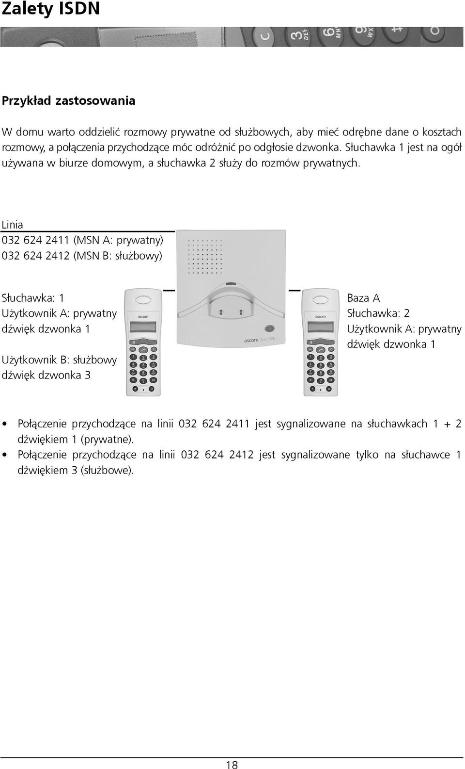 Linia 032 624 2411 (MSN A: prywatny) 032 624 2412 (MSN B: s³u bowy) S³uchawka: 1 U ytkownik A: prywatny dÿwiêk dzwonka 1 U ytkownik B: s³u bowy dÿwiêk dzwonka 3 Baza A S³uchawka: 2