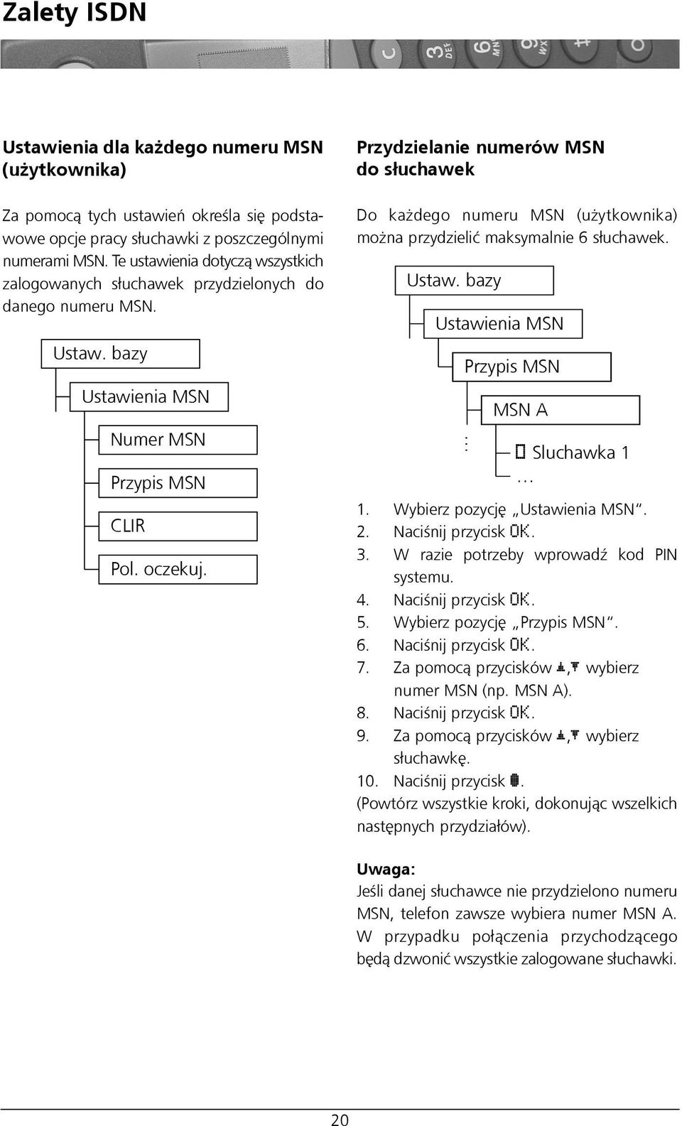 Przydzielanie numerów MSN do s³uchawek Do ka dego numeru MSN (u ytkownika) mo na przydzieliæ maksymalnie 6 s³uchawek. Ustaw. bazy Ustawienia MSN Przypis MSN MSN A D Sluchawka 1 1.