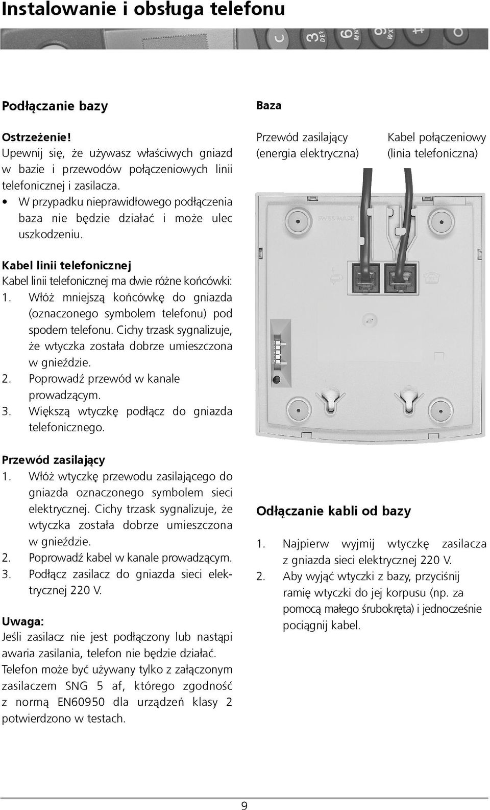 Baza Przewód zasilaj¹cy (energia elektryczna) Kabel po³¹czeniowy (linia telefoniczna) Kabel linii telefonicznej Kabel linii telefonicznej ma dwie ró ne koñcówki: 1.