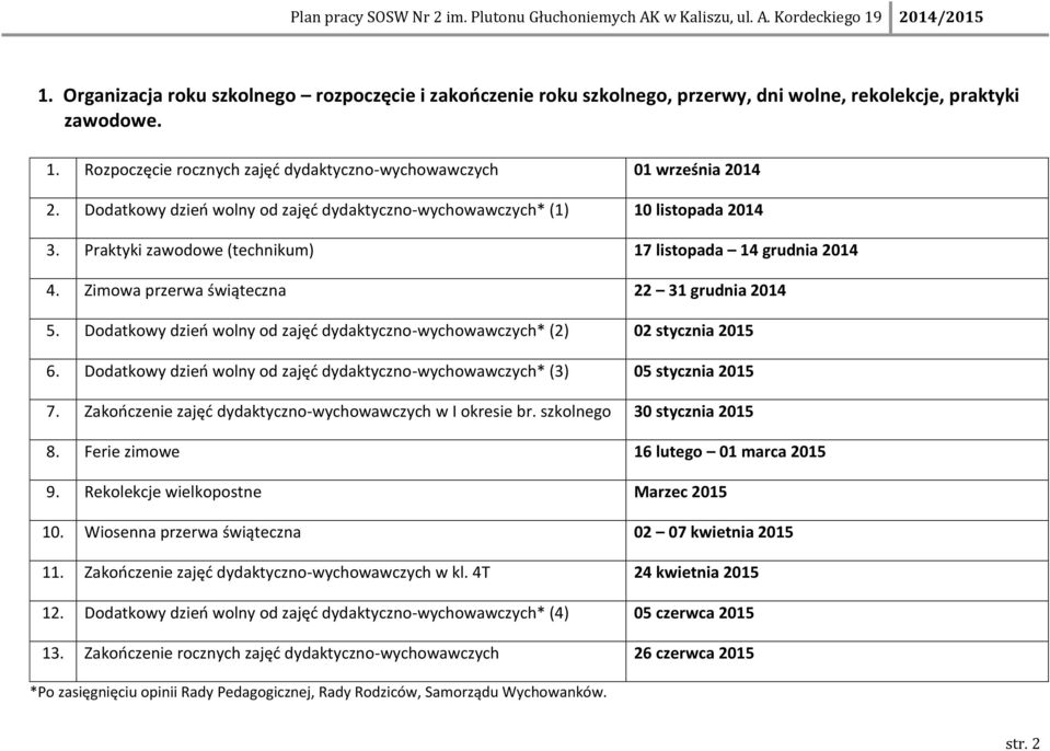 Dodatkowy dzień wolny od zajęć dydaktyczno-wychowawczych* (2) 02 stycznia 2015 6. Dodatkowy dzień wolny od zajęć dydaktyczno-wychowawczych* (3) 05 stycznia 2015 7.