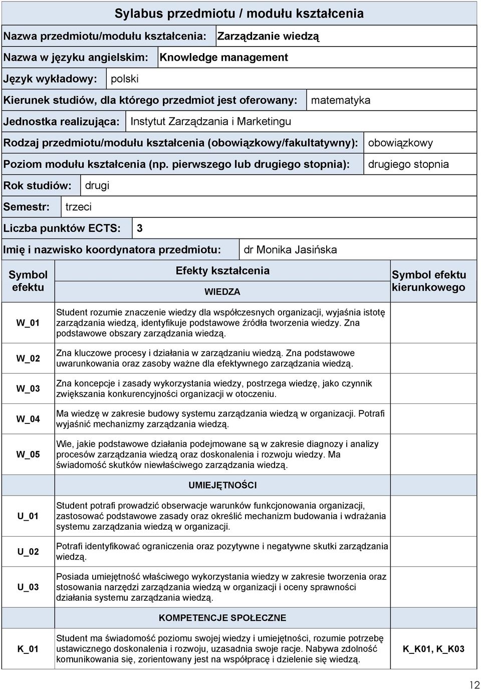 (np. pierwszego lub drugiego stopnia): drugiego stopnia Rok studiów: drugi Semestr: trzeci Liczba punktów ECTS: 3 Imię i nazwisko koordynatora przedmiotu: dr Monika Jasińska Symbol efektu W_01 W_02