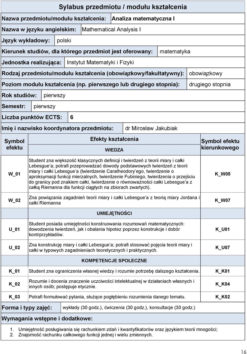 (np. pierwszego lub drugiego stopnia): drugiego stopnia Rok studiów: pierwszy Semestr: pierwszy Liczba punktów ECTS: 6 Imię i nazwisko koordynatora przedmiotu: dr Mirosław Jakubiak Symbol efektu W_01