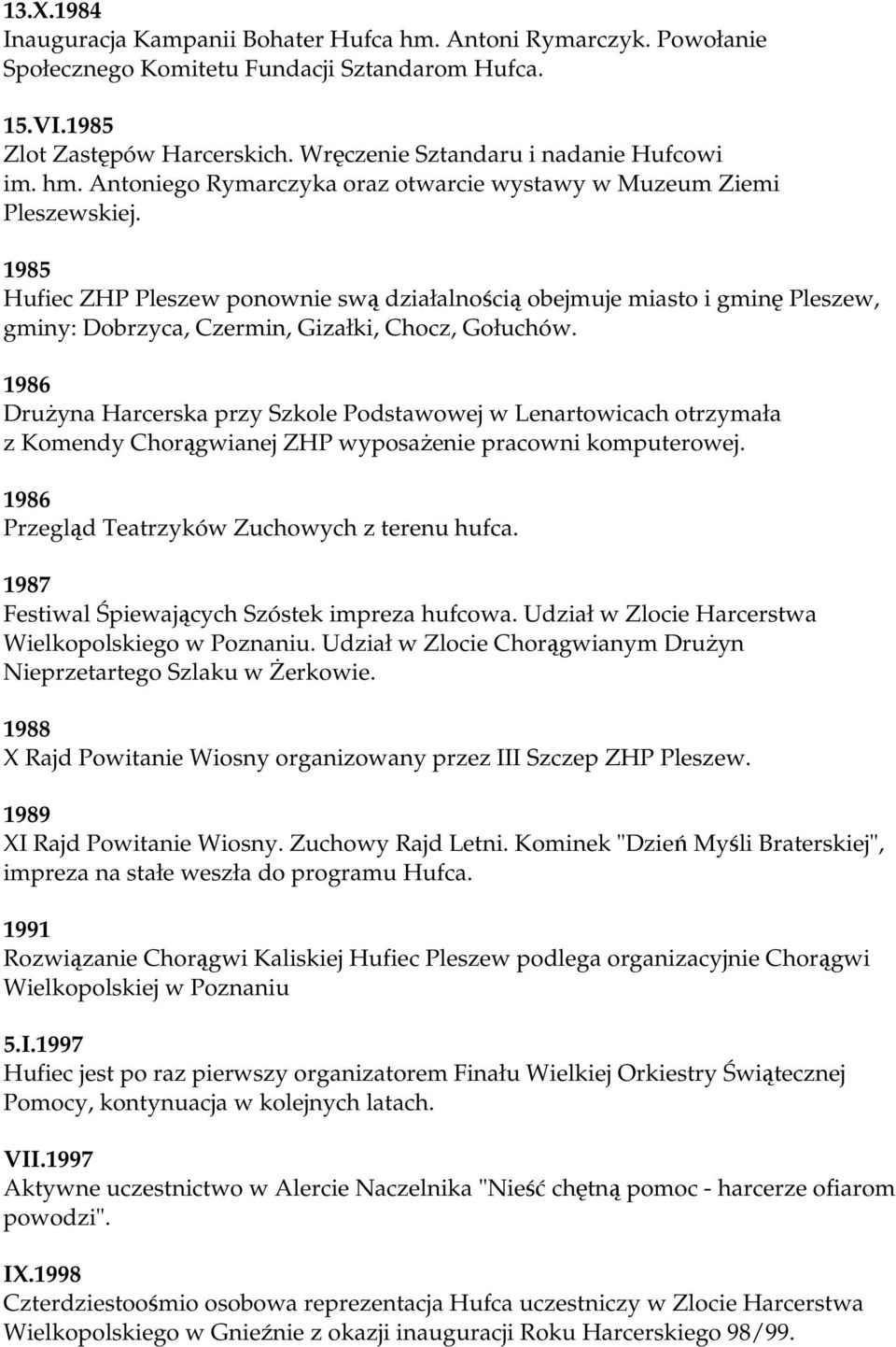 1985 Hufiec ZHP Pleszew ponownie swą działalnością obejmuje miasto i gminę Pleszew, gminy: Dobrzyca, Czermin, Gizałki, Chocz, Gołuchów.