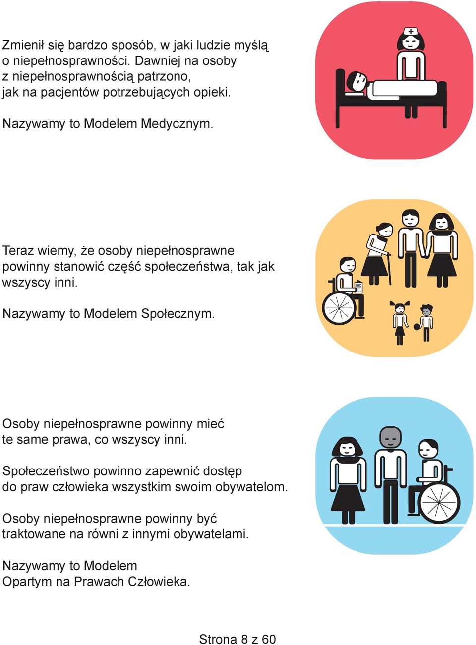 Teraz wiemy, że osoby niepełnosprawne powinny stanowić część społeczeństwa, tak jak wszyscy inni. Nazywamy to Modelem Społecznym.