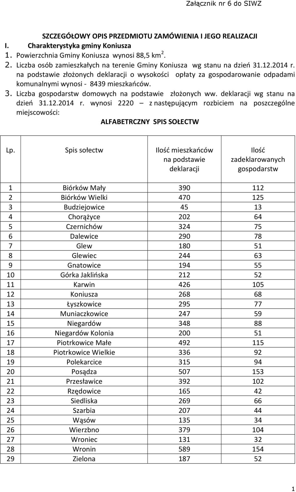 na podstawie złożonych deklaracji o wysokości opłaty za gospodarowanie odpadami komunalnymi wynosi - 8439 mieszkańców. 3. Liczba gospodarstw domowych na podstawie złożonych ww.