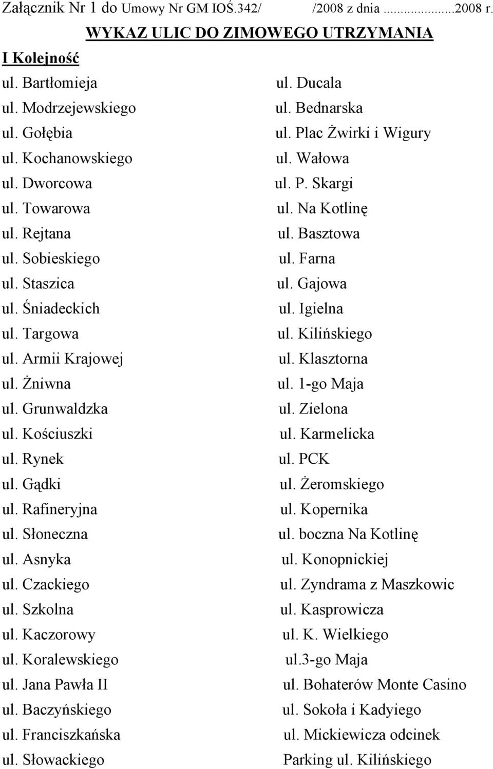 Igielna ul. Targowa ul. Kilińskiego ul. Armii Krajowej ul. Klasztorna ul. Żniwna ul. 1-go Maja ul. Grunwaldzka ul. Zielona ul. Kościuszki ul. Karmelicka ul. Rynek ul. PCK ul. Gądki ul. Żeromskiego ul.