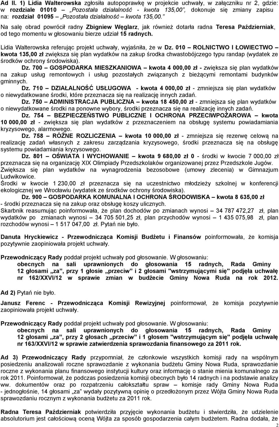 Pozostała działalność kwota 135,00. Na salę obrad powrócił radny Zbigniew Węglarz, jak również dotarła radna Teresa Październiak, od tego momentu w głosowaniu bierze udział 15 radnych.