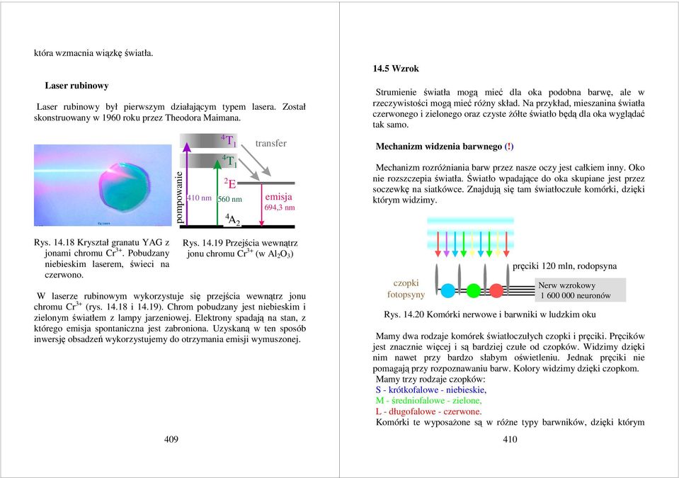 19 Przejścia wewnątrz jonu chromu Cr 3+ (w Al 2 O 3 ) W laserze rubinowym wykorzystuje się przejścia wewnątrz jonu chromu Cr 3+ (rys. 14.18 i 14.19).