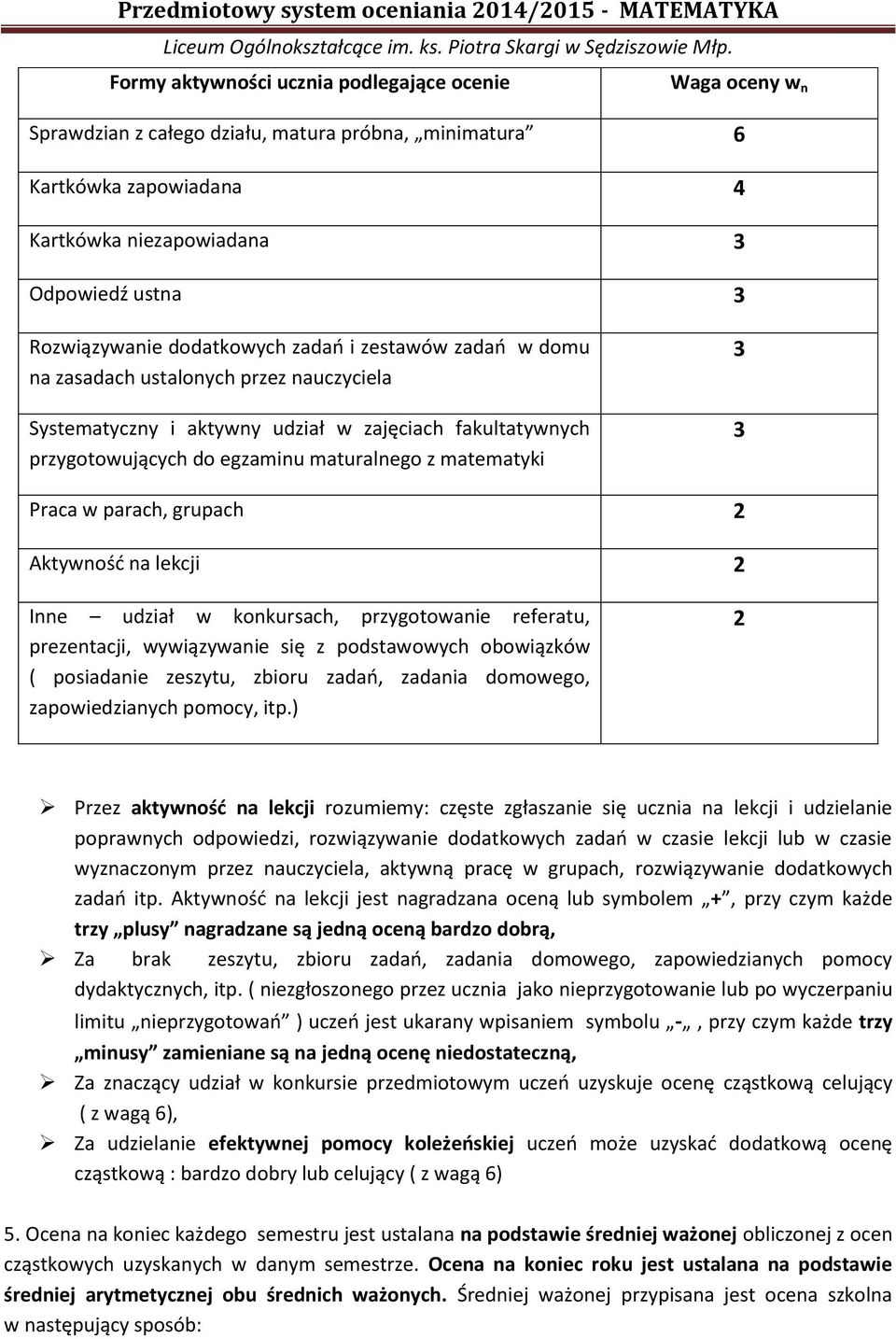 Praca w parach, grupach 2 Aktywność na lekcji 2 Inne udział w konkursach, przygotowanie referatu, prezentacji, wywiązywanie się z podstawowych obowiązków ( posiadanie zeszytu, zbioru zadań, zadania