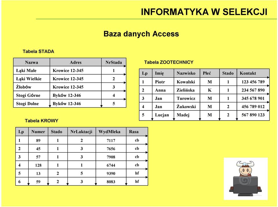 Kowalski Zielińska Turowicz Żukowski Płeć M K M M Stado Kontakt 456 789 4 567 890 45 678 90 456 789 0 Tabela KROWY 5