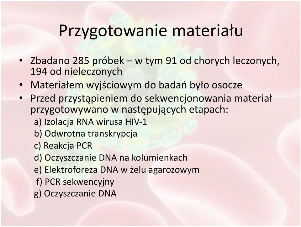 przygotowywano w następujących etapach: a) Izolacja RNA wirusa HIV 1 b) Odwrotna transkrypcja c)