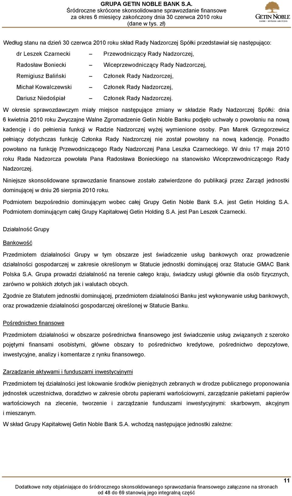 W okresie sprawozdawczym miały miejsce następujące zmiany w składzie Rady Nadzorczej Spółki: dnia 6 kwietnia 2010 roku Zwyczajne Walne Zgromadzenie Getin Noble Banku podjęło uchwały o powołaniu na