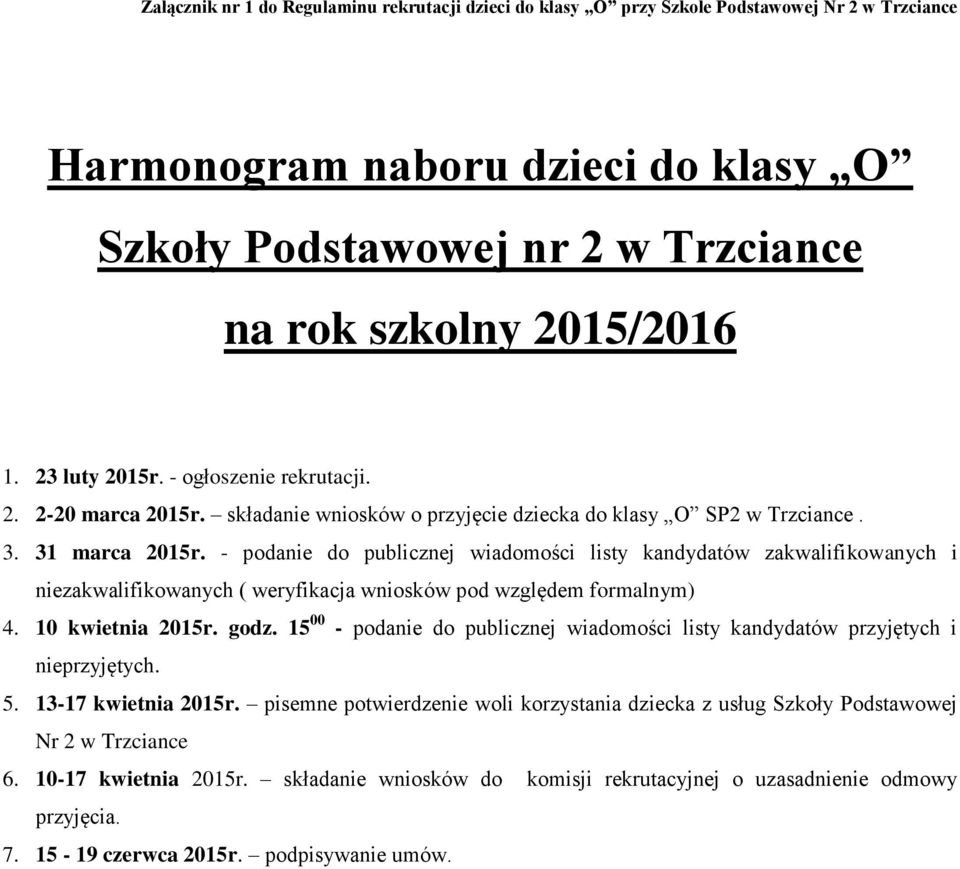 - podanie do publicznej wiadomości listy kandydatów zakwalifikowanych i niezakwalifikowanych ( weryfikacja wniosków pod względem formalnym) 4. 10 kwietnia 2015r. godz.