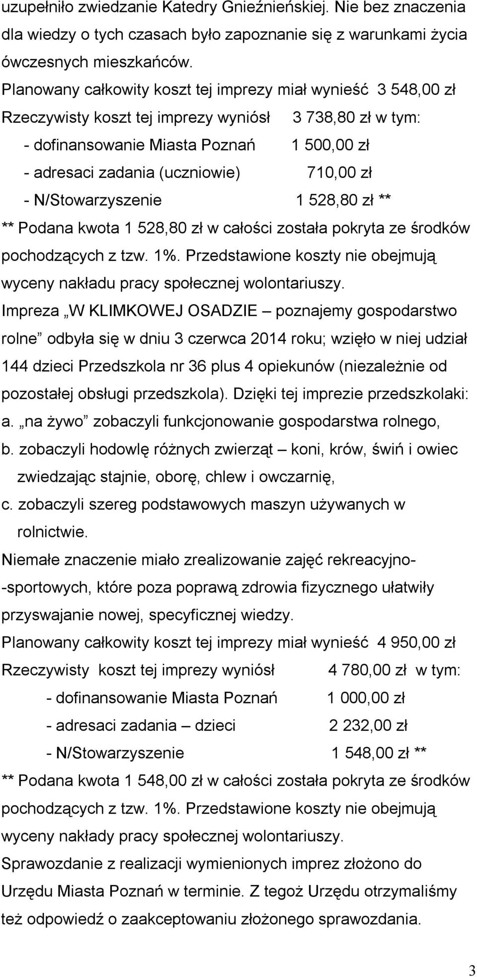 710,00 zł - N/Stowarzyszenie 1 528,80 zł ** ** Podana kwota 1 528,80 zł w całości została pokryta ze środków pochodzących z tzw. 1%.