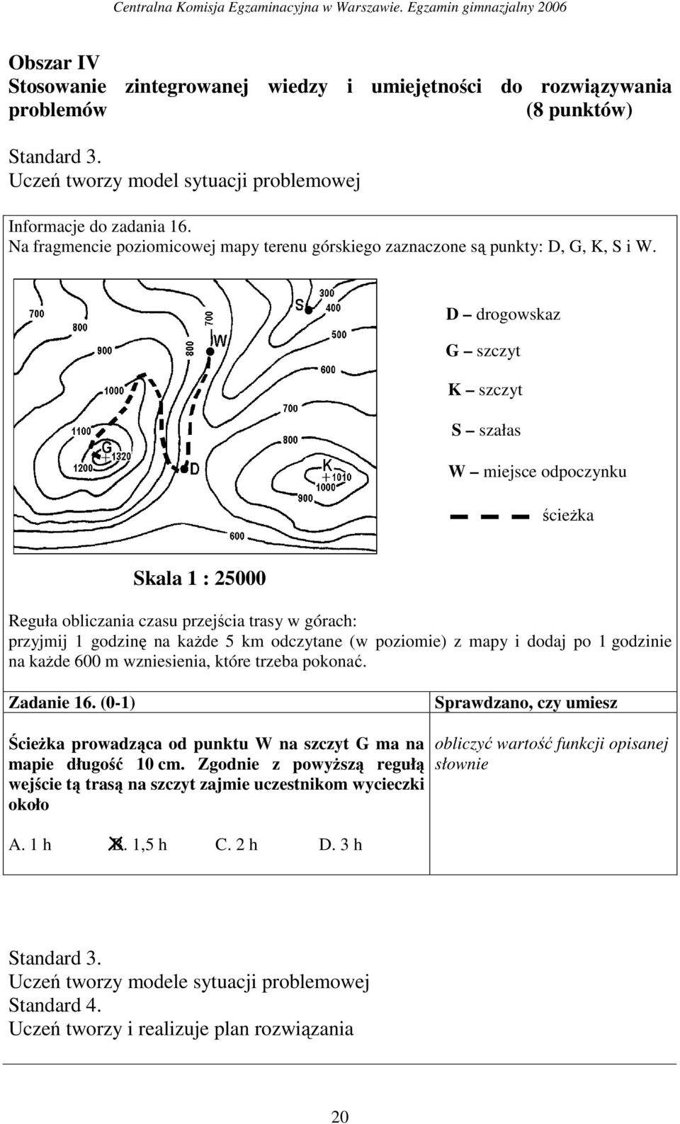 D drogowskaz G szczyt K szczyt S szałas W miejsce odpoczynku ścieŝka Skala 1 : 25000 Reguła obliczania czasu przejścia trasy w górach: przyjmij 1 godzinę na kaŝde 5 km odczytane (w poziomie) z mapy i