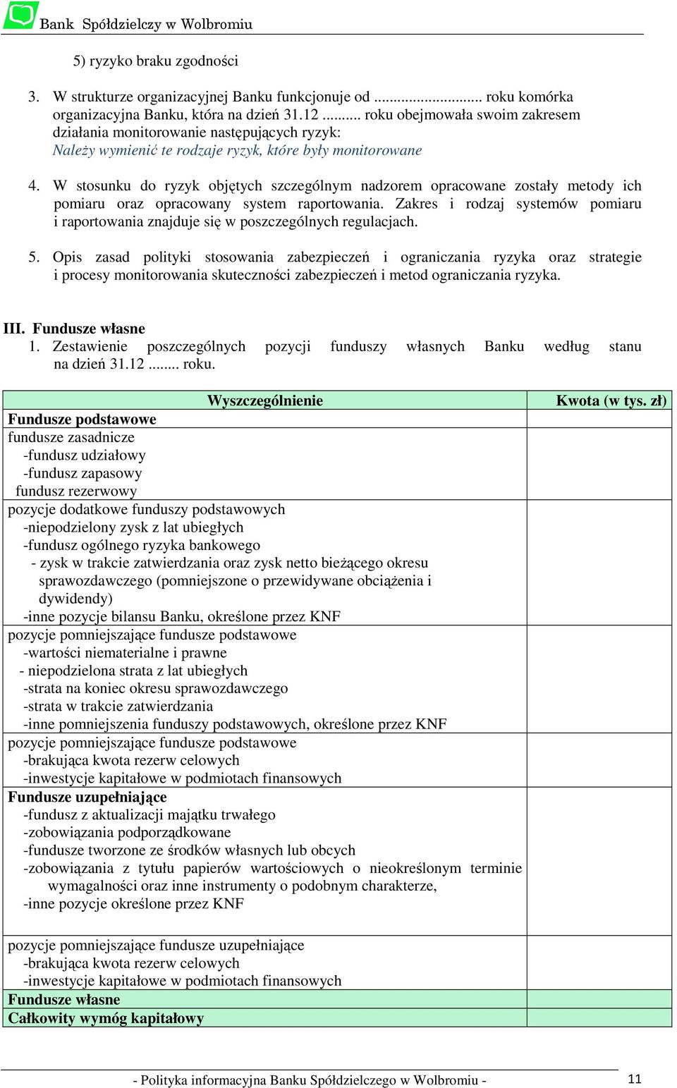 W stosunku do ryzyk objętych szczególnym nadzorem opracowane zostały metody ich pomiaru oraz opracowany system raportowania.