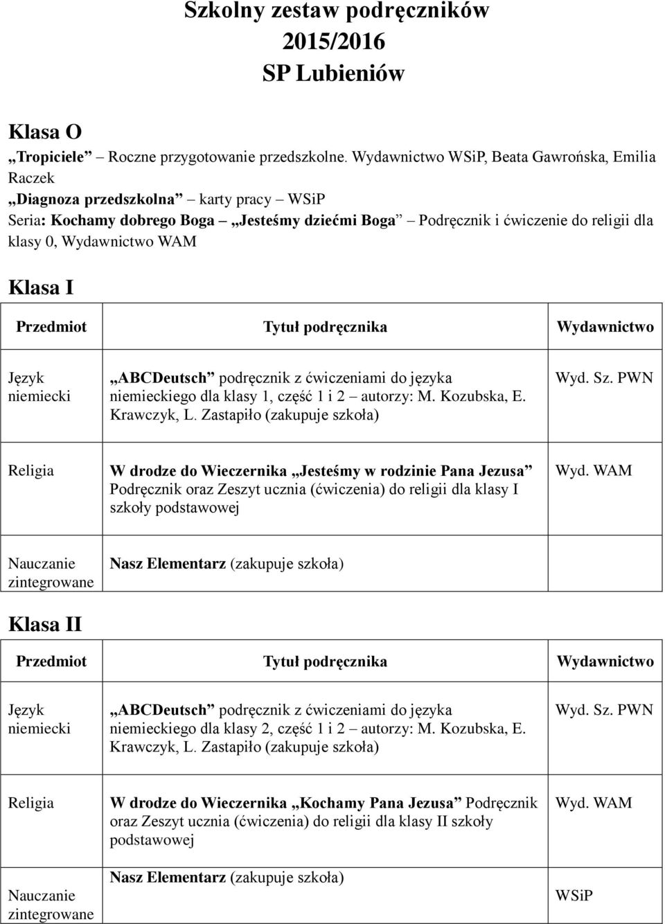 Wydawnictwo WAM Klasa I ego dla klasy 1, część 1 i 2 autorzy: M. Kozubska, E. Krawczyk, L.