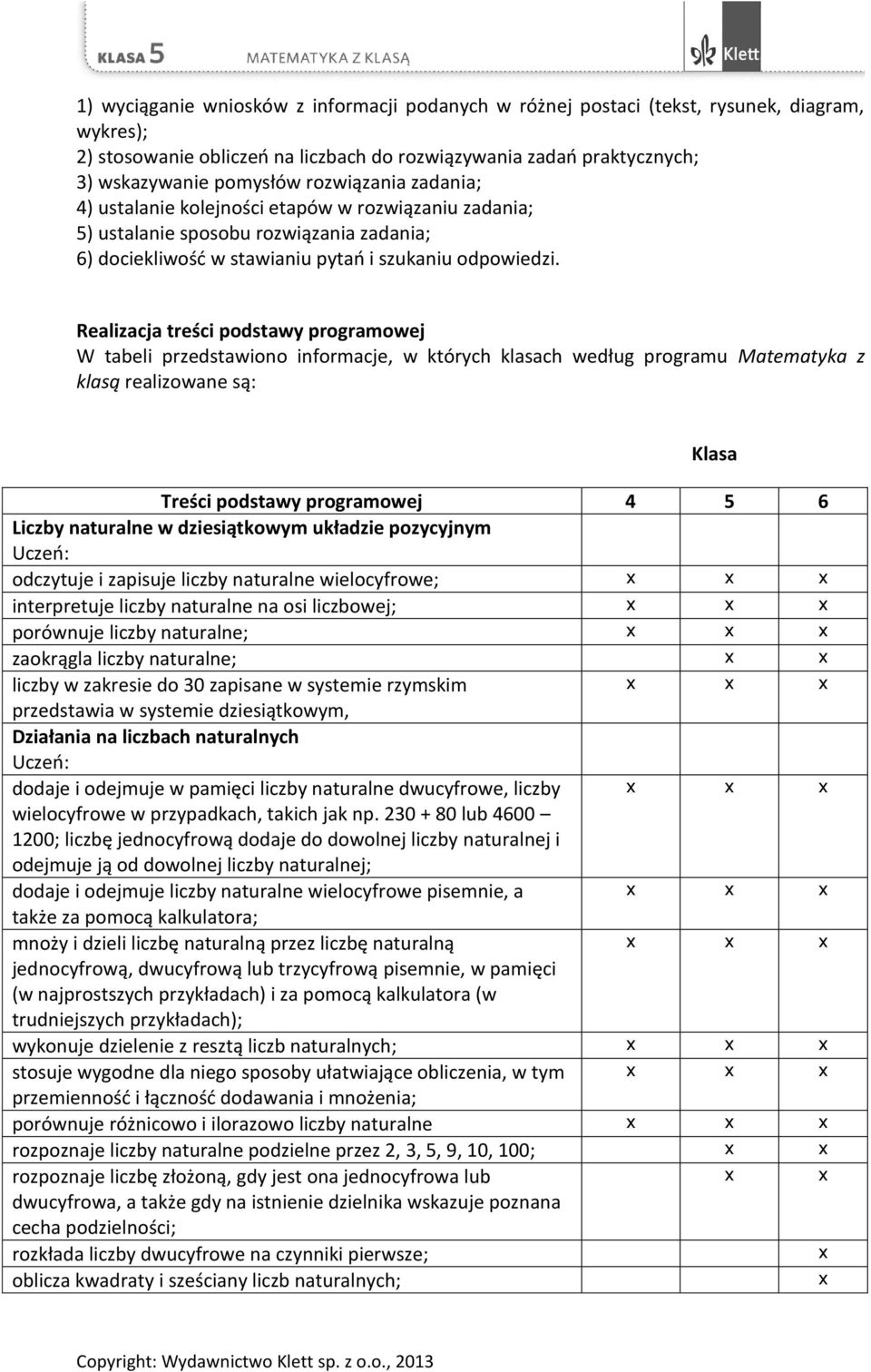 Realizacja treści podstawy programowej W tabeli przedstawiono informacje, w których klasach według programu Matematyka z klasą realizowane są: Klasa Treści podstawy programowej 4 5 6 Liczby naturalne