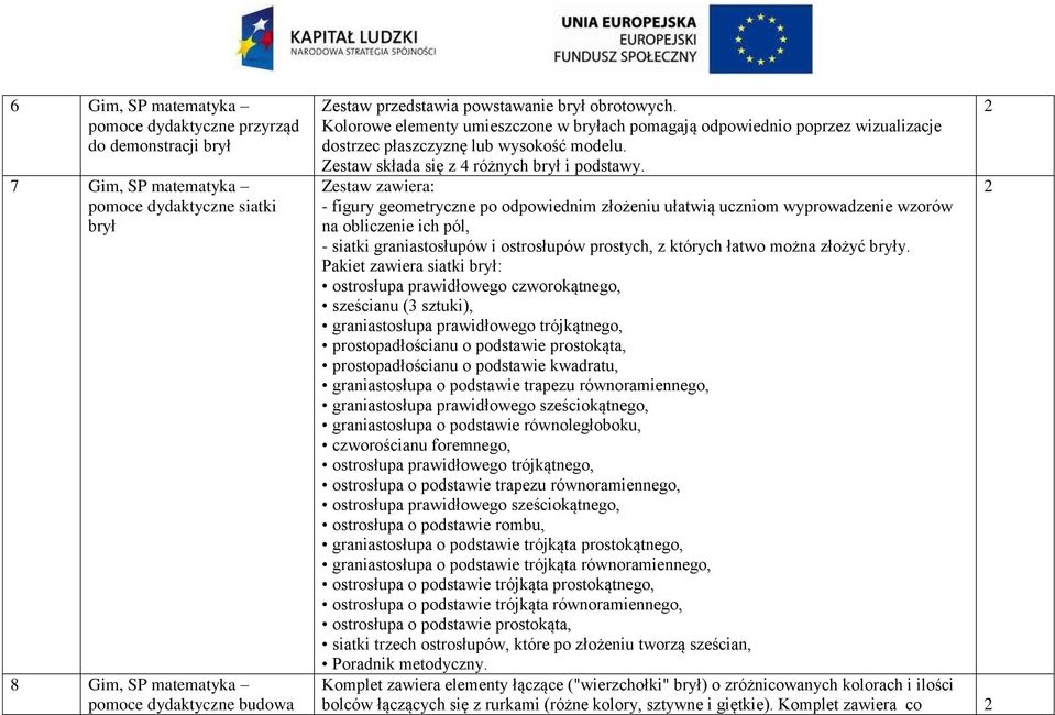 Zestaw zawiera: - figury geometryczne po odpowiednim złożeniu ułatwią uczniom wyprowadzenie wzorów na obliczenie ich pól, - siatki graniastosłupów i ostrosłupów prostych, z których łatwo można złożyć