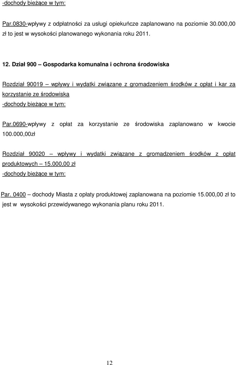 w tym: Par.0690-wpływy z opłat za korzystanie ze środowiska zaplanowano w kwocie 100.