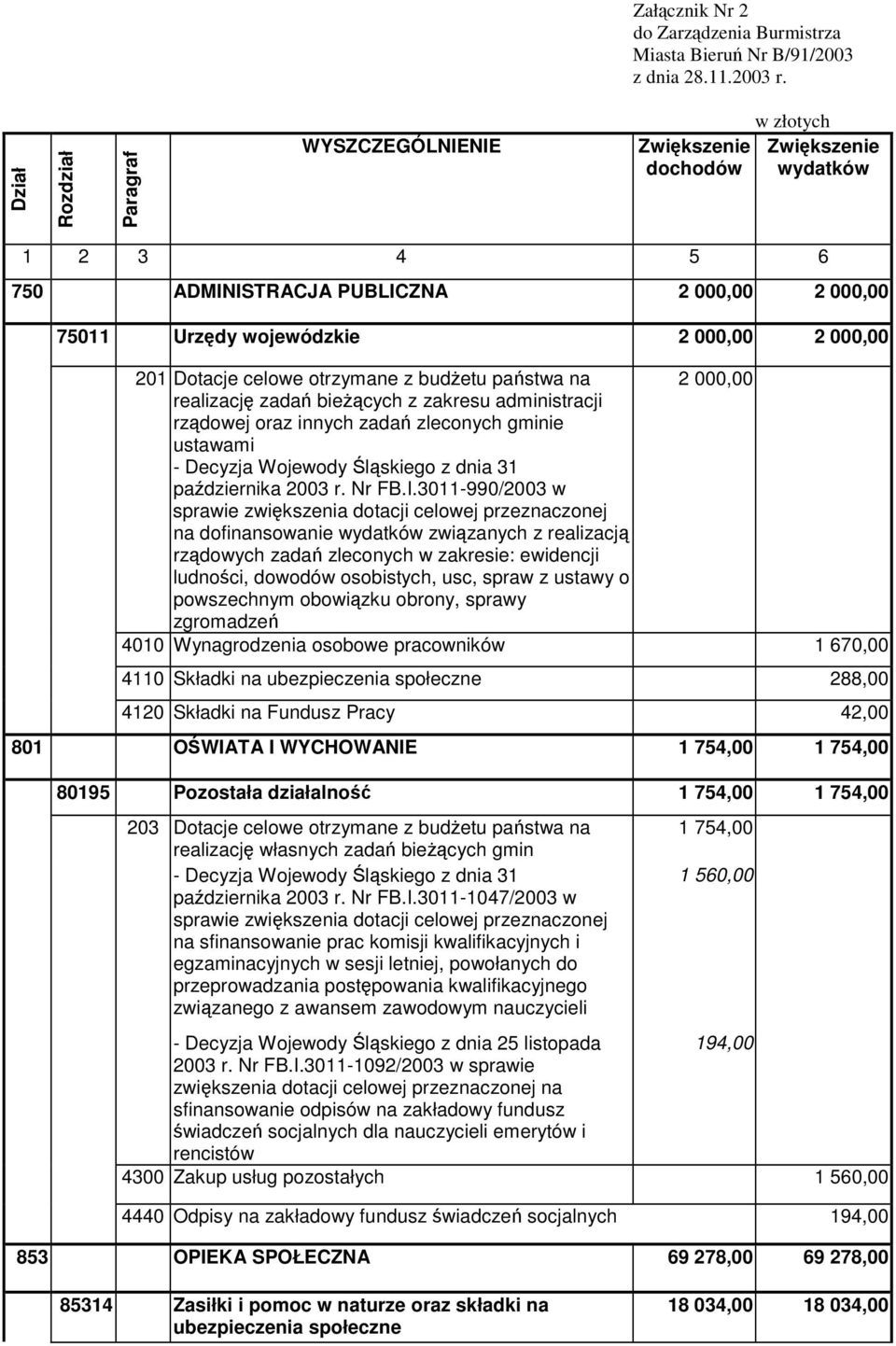 3011-990/2003 w sprawie zwikszenia dotacji celowej przeznaczonej na dofinansowanie wydatków zwizanych z realizacj rzdowych zada zleconych w zakresie: ewidencji ludnoci, dowodów osobistych, usc, spraw