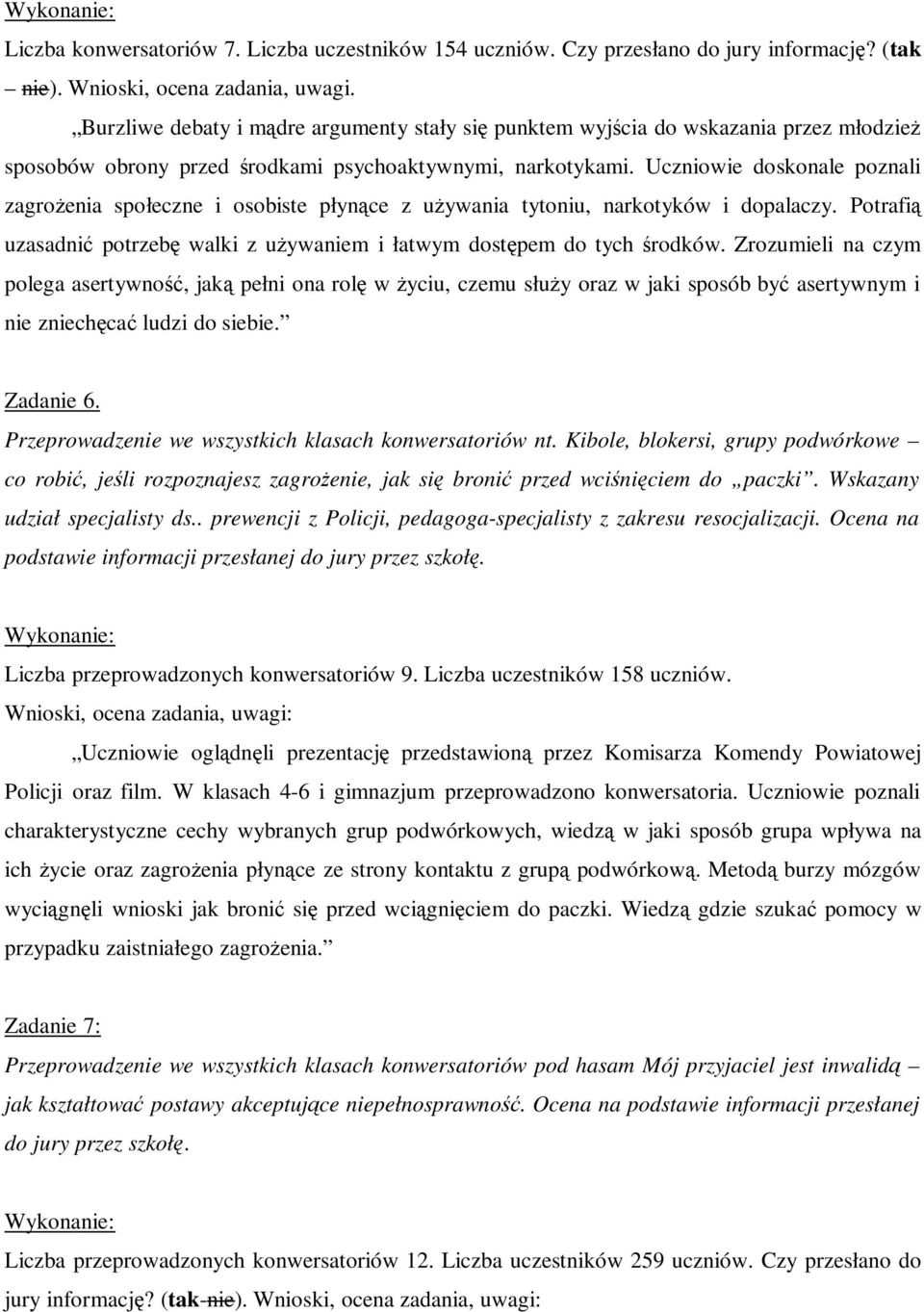 Uczniowie doskonale poznali zagrożenia społeczne i osobiste płynące z używania tytoniu, narkotyków i dopalaczy. Potrafią uzasadnić potrzebę walki z używaniem i łatwym dostępem do tych środków.