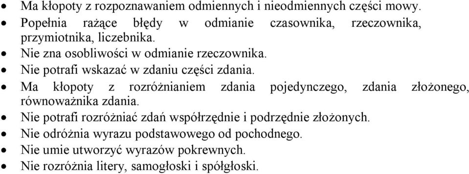 Nie potrafi wskazać w zdaniu części zdania. Ma kłopoty z rozróżnianiem zdania pojedynczego, zdania złożonego, równoważnika zdania.