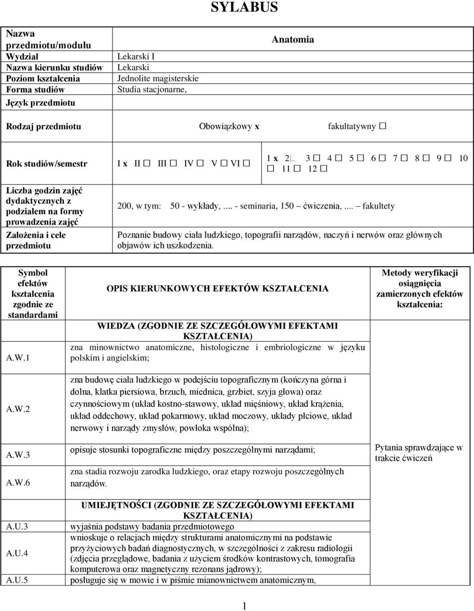 przedmiotu 200, w tym: 50 - wykłady,... - seminaria, 150 ćwiczenia,... fakultety Poznanie budowy ciała ludzkiego, topografii narządów, naczyń i nerwów oraz głównych objawów ich uszkodzenia.