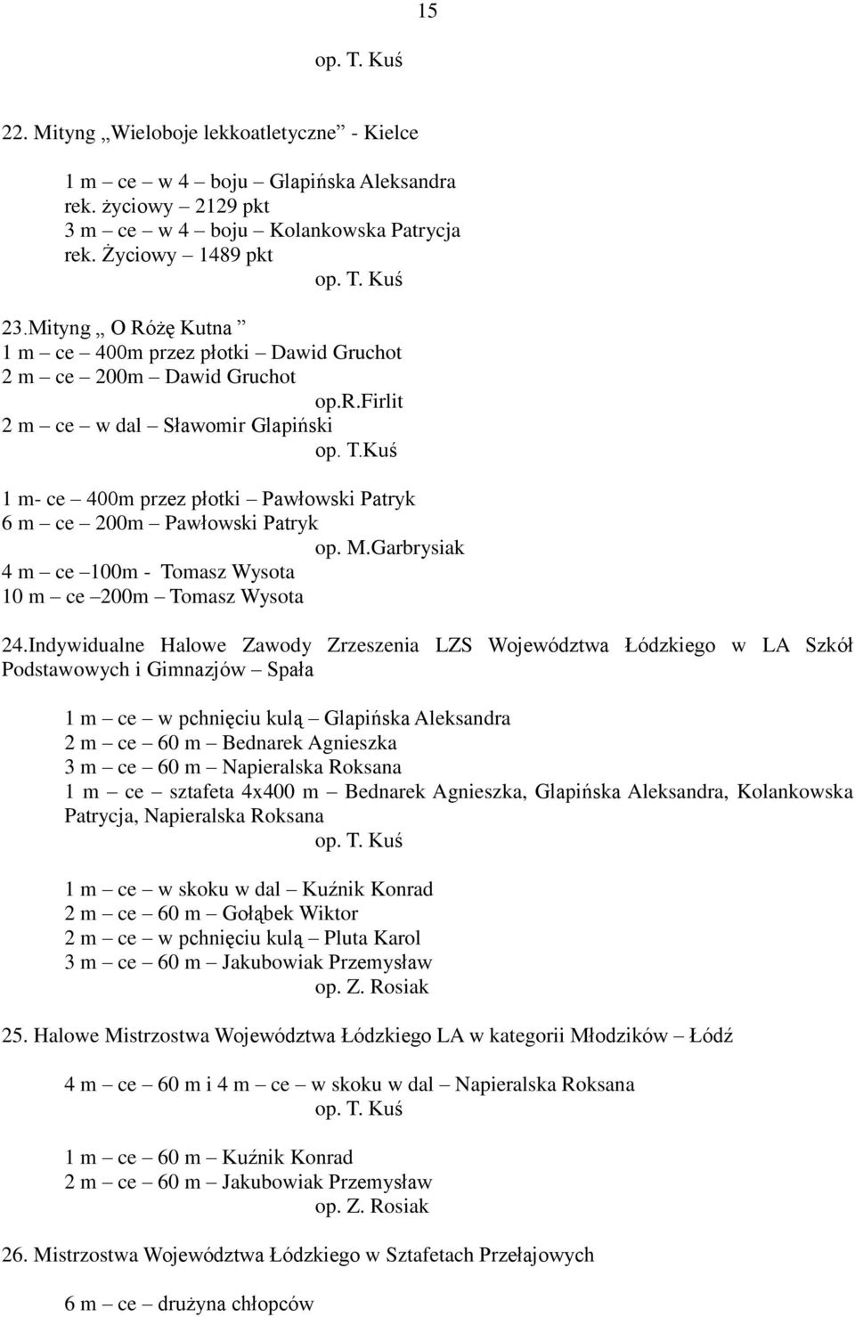 Kuś 1 m- ce 400m przez płotki Pawłowski Patryk 6 m ce 200m Pawłowski Patryk op. M.Garbrysiak 4 m ce 100m - Tomasz Wysota 10 m ce 200m Tomasz Wysota 24.