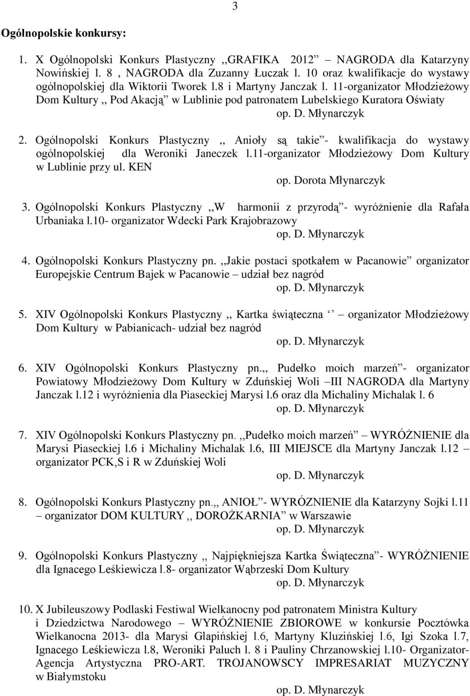 11-organizator Młodzieżowy Dom Kultury,, Pod Akacją w Lublinie pod patronatem Lubelskiego Kuratora Oświaty op. D. Młynarczyk 2.