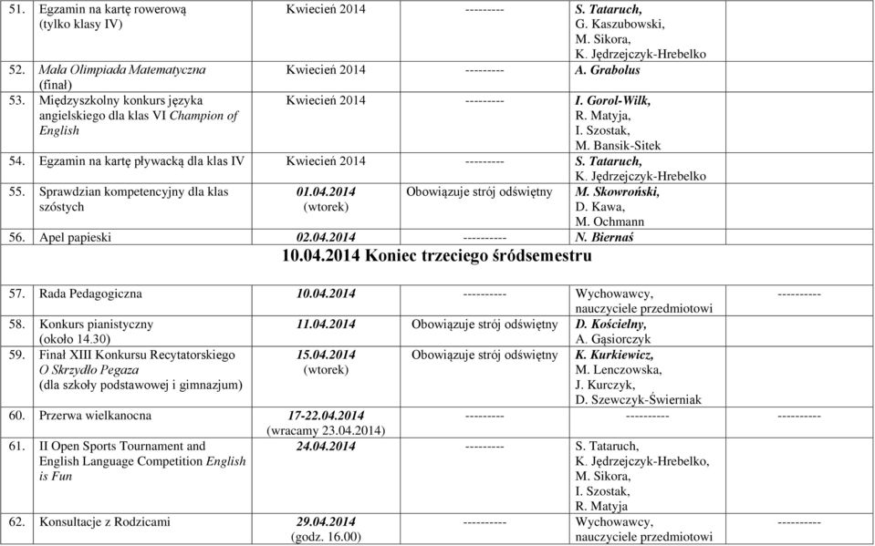 Tataruch, 55. Sprawdzian kompetencyjny dla klas szóstych 01.04.2014 (wtorek) Obowiązuje strój odświętny 56. Apel papieski 02.04.2014 N. Biernaś 10.04.2014 Koniec trzeciego śródsemestru, D. Kawa, M.