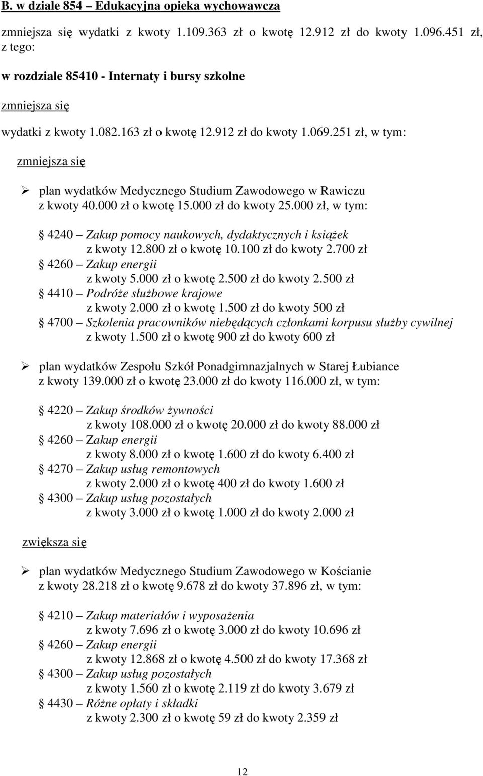 000 zł, w tym: 4240 Zakup pomocy naukowych, dydaktycznych i książek z kwoty 12.800 zł o kwotę 10.100 zł do kwoty 2.700 zł 4260 Zakup energii z kwoty 5.000 zł o kwotę 2.500 zł do kwoty 2.