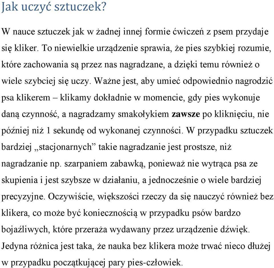 Ważne jest, aby umieć odpowiednio nagrodzić psa klikerem klikamy dokładnie w momencie, gdy pies wykonuje daną czynność, a nagradzamy smakołykiem zawsze po kliknięciu, nie później niż 1 sekundę od