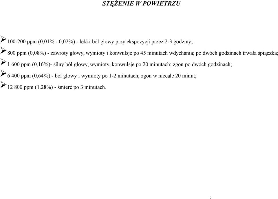 600 ppm (0,16%)- silny ból głowy, wymioty, konwulsje po 20 minutach; zgon po dwóch godzinach; 6 400 ppm