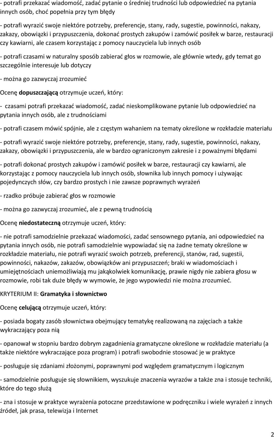 innych osób - potrafi czasami w naturalny sposób zabierać głos w rozmowie, ale głównie wtedy, gdy temat go szczególnie interesuje lub dotyczy - można go zazwyczaj zrozumieć Ocenę dopuszczającą