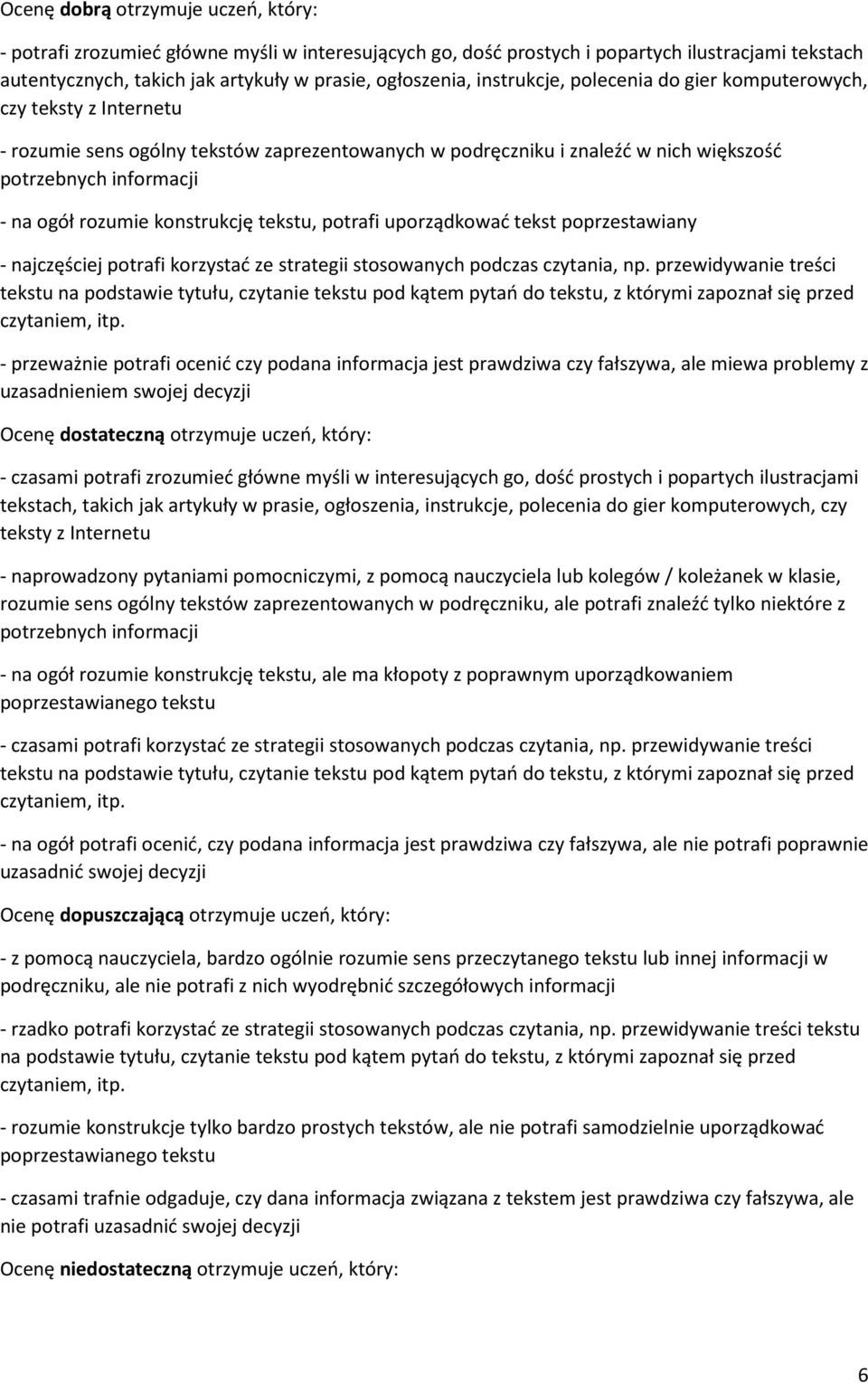 konstrukcję tekstu, potrafi uporządkować tekst poprzestawiany - najczęściej potrafi korzystać ze strategii stosowanych podczas czytania, np.